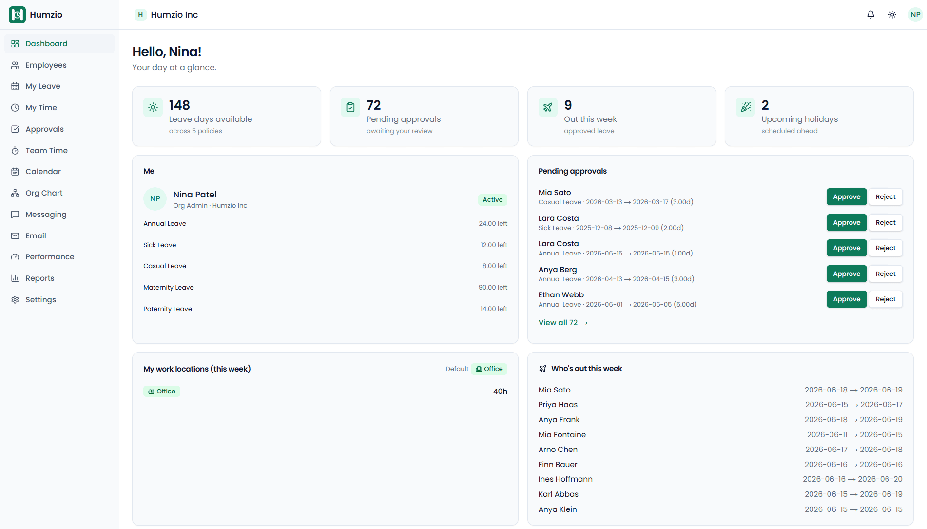 Humzio dashboard showing leave balances, pending approvals, and who's out today
